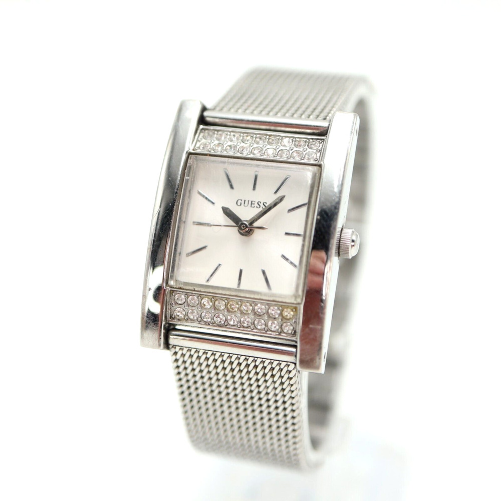 Guess Womens Silver Tone Tank Watch 22mm Rectangle Jewel Bezel with New Battery